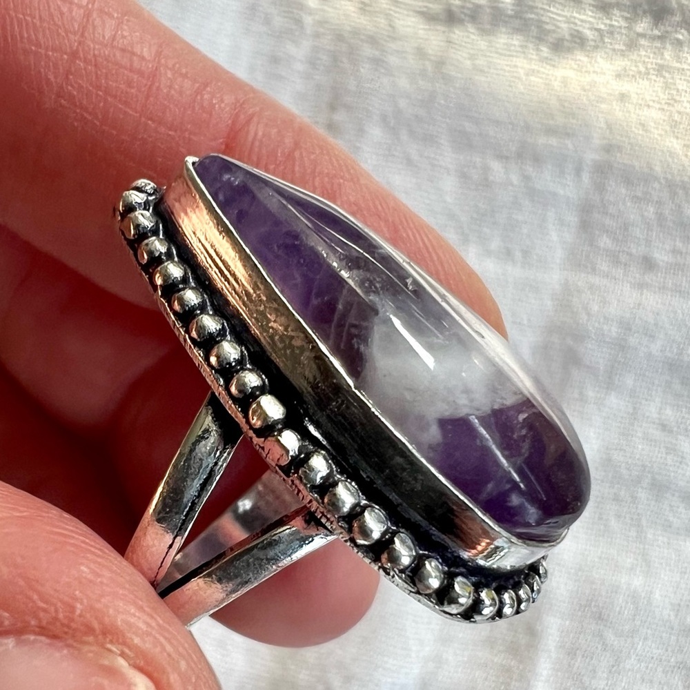 925 Crown Chakra Amethyst Teardrop Ring 8 - Picture 8 of 9